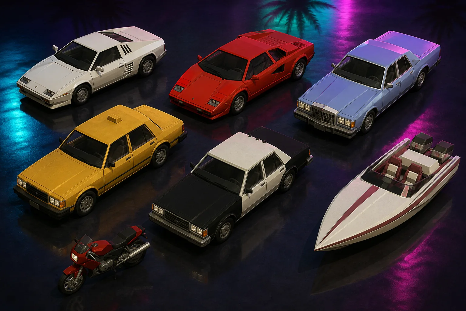 Originální low-poly galerie sportovních vozů, sedanu, taxi, policejního vozu, motocyklu a motorového člunu